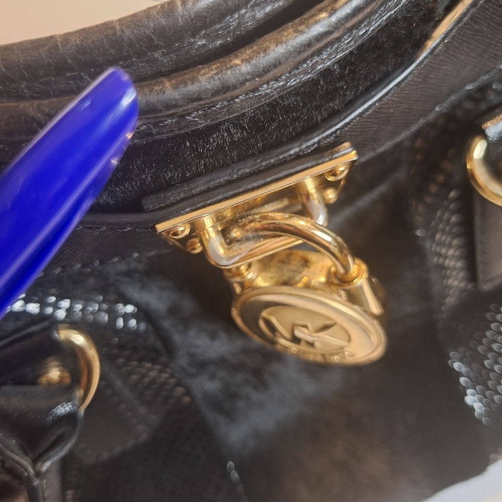 Michael Kors  Mixed Media Haircalf Black Leather Shoulder Bag with Gold Details - Picture 12 of 14